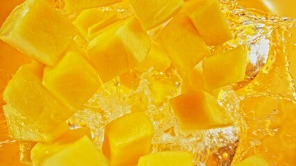Freeze Motion of Flying Mango Slices into Water, Colored Background.