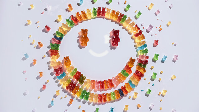 flat lay top view of colorful gummy bears making a smiley face, concept of sugar dopamine, candy lover