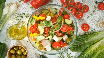 Top View of Greek Salad Placed on Wooden Table.