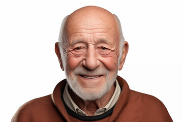 Smiling senior white man on white background. Topics related to old age. American. French. Retirement home. Retirement. Image for Graphic Designer. Senior residence. AI.