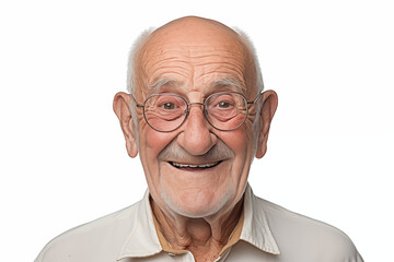 Smiling senior white man on white background. Topics related to old age. American. French. Retirement home. Retirement. Image for Graphic Designer. Senior residence. AI.