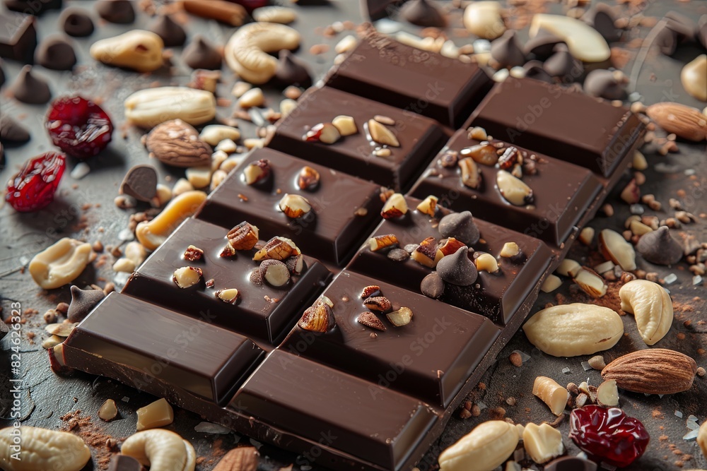 Leinwandbilder Detailed close up of a chocolate bar filled with assorted nuts, creating a rich and appetizing texture. Generative AI