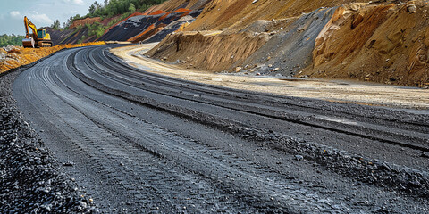laying a road at a construction site, the base layer of the road has been laid