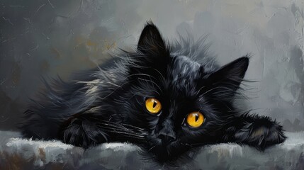 Realistic depiction of a black cat with intense yellow eyes, lifelike fur, isolated background, perfect for multiple design projects, expressive and detailed