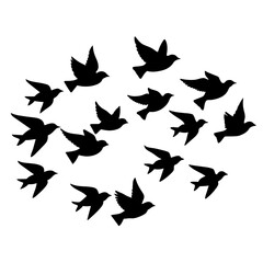 Flock of flying birds vector silhouette, white background