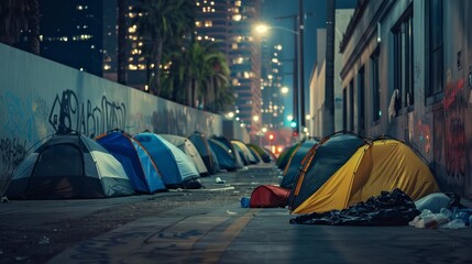 Row of tents along a city street, homeless individuals sleeping inside, raw and honest depiction of life on the edge