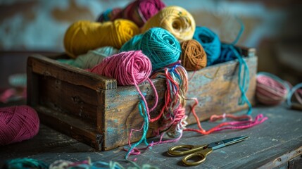 Rustic wooden box overflowing with colorful yarn skeins and crafting scissors, close-up image for knitting enthusiasts, studio lighting