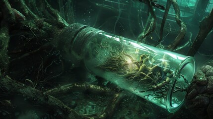 Secret room filled with roots, featuring a close-up of an alien monster inside a glass water tube, eerie and detailed environment