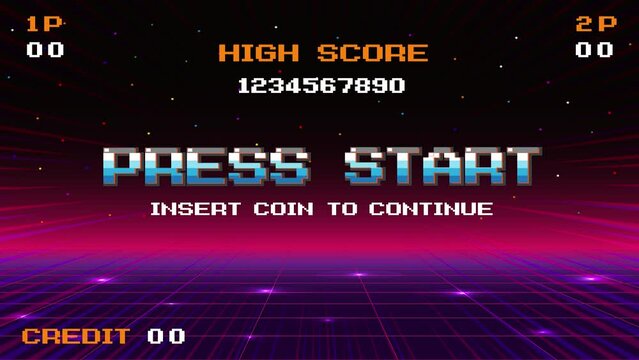 PRESS START INSERT A COIN TO CONTINUE .pixel art .8 bit game. retro game. for game assets .Retro Futurism Sci-Fi Background. glowing neon grid. and stars from vintage arcade computer games - Powered by Adobe