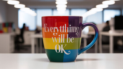 coffee mug with positive message "Everything will be OK" and LGBT colors, monday motivation, pride