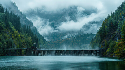 a hydroelectric dam, with forested mountains as the background, 
