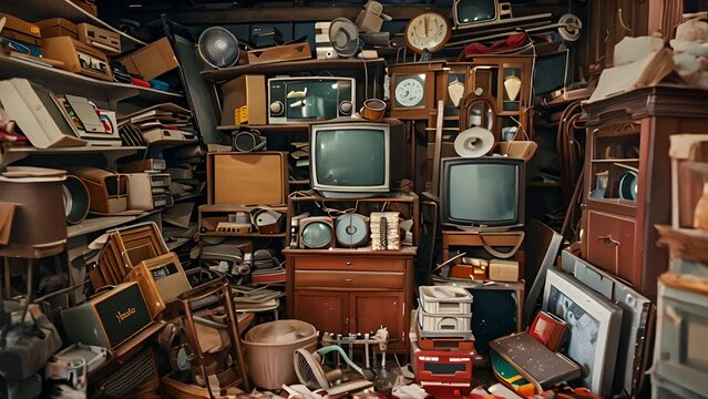 Pushing towards a room full of hoarded stuff with  many hold television sets