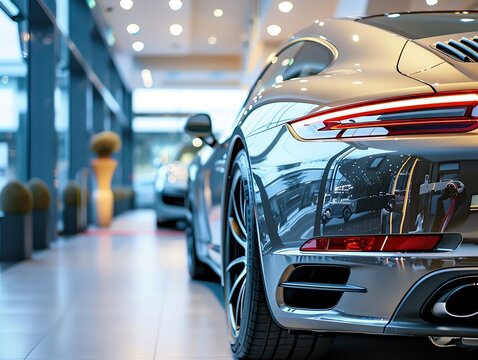A luxury sports car parked in a highend dealership showroom