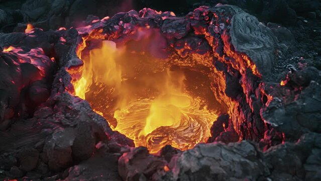 A glimpse inside the opening of a fumarole reveals a fiery red and orange glow at its core.