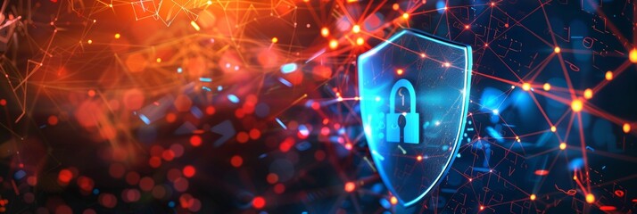 Futuristic holographic shield with lock amidst binary code