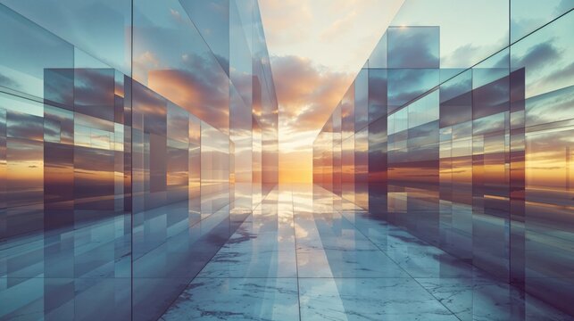Abstract Business Background with Reflective, Geometric Shapes, and Beautiful Bright Sky.