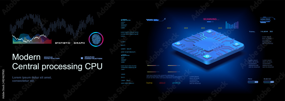 Poster powerful computer processor. the central processor in axonometric projection. presentation of the ne