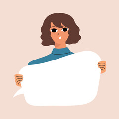 Young woman holding blank placard, poster, mockup. Pretty girl swowing empty presentation. Isolated illustration.