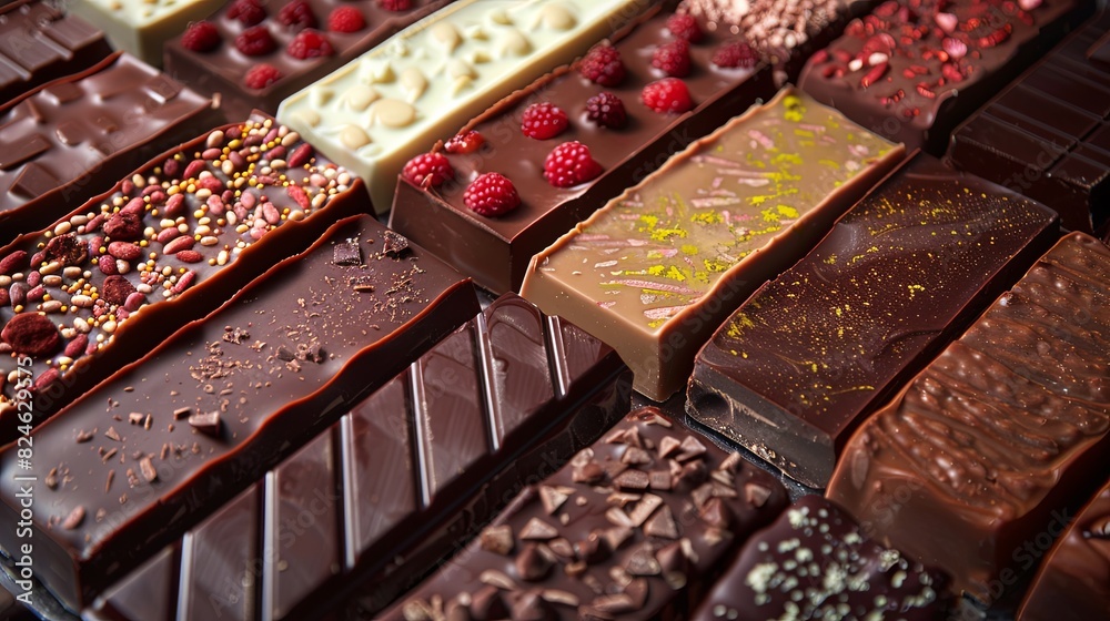 Poster Diverse selection of rich chocolate bars topped with fresh raspberries and various toppings. Generative AI
