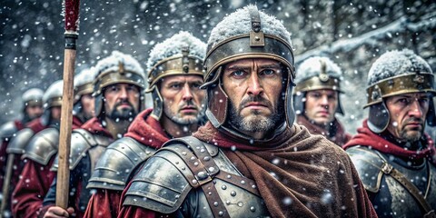 Photorealistic portrait of Roman soldiers in armor under the snow. Biblical characters. Historical characters.
