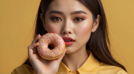 Beautiful attractive asian woman model eating donut