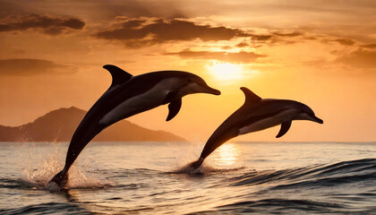 Pair of dolphins jumping in the pacific ocean.
