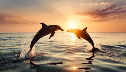 Dolphins jumping in the pacific ocean.
