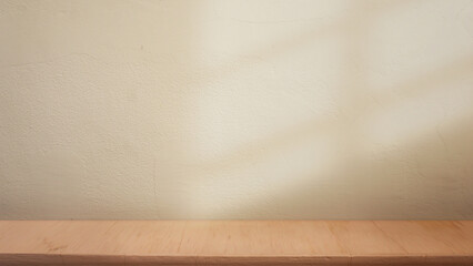 tropical product presentation for food - wine- cosmetic. white beige cream wall, wood panel,  window light - shadow, spring summer 