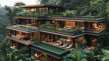 Fototapeta premium An eco-friendly villa, featuring wooden structures with terraces overlooking green landscapes. rooftop pools surrounded by water features that create a serene atmosphere on two levels. Generative AI.