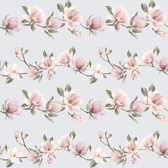 Light pink magnolia branch. Watercolor floral seamless pattern on blue background for flower fabric, cosmetic packaging © Leyla