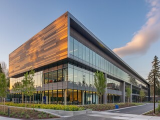 Contemporary office building with glass facade and wooden accents, surrounded by greenery, at sunset.