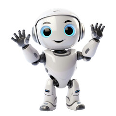 Cute white humanoid robot raising hands in greeting isolated on a transparent background