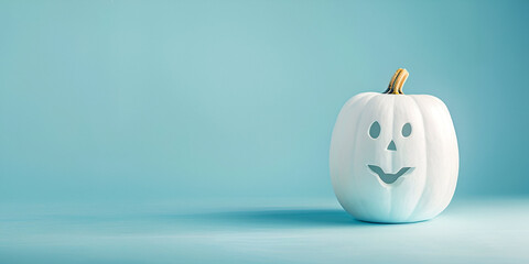 Halloween pumpkins and jack o lantern decor against a white wall with bats.
