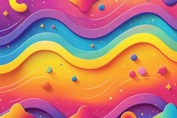 The design features a vibrant pride backdrop adorned with swirling rainbow hues and bold geometric patterns