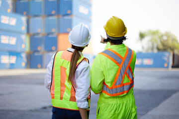 back view workers looking and pointing above in containers warehouse storage