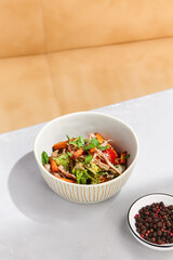 Fresh Salad with Roasted Sweet Potato Fries and Shredded Beef, Topped with Fresh Herbs**