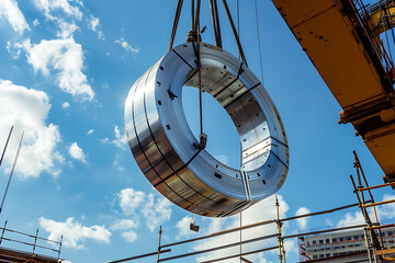 large steel being lifted by a crane at construction site