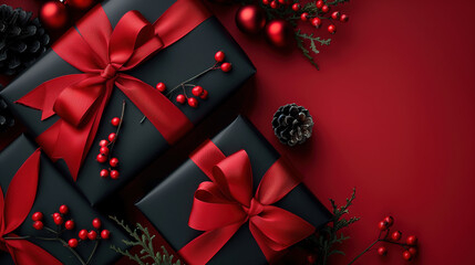 Festive Christmas Present Wrapped in Black and Red Ribbon