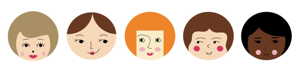 Diverse avatars, nice girlish faces. Clipart set, various faces, woman guise. Isolated flat cartoon vector .