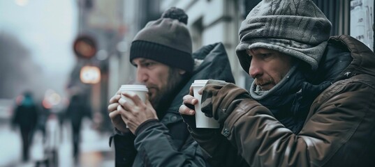 two homeless men drinking boiling water from paper cups on the street, cold cloudy day