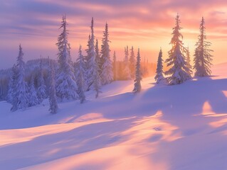 A tranquil winter landscape with snow-covered trees bathed in the warm hues of a sunrise, casting long shadows.