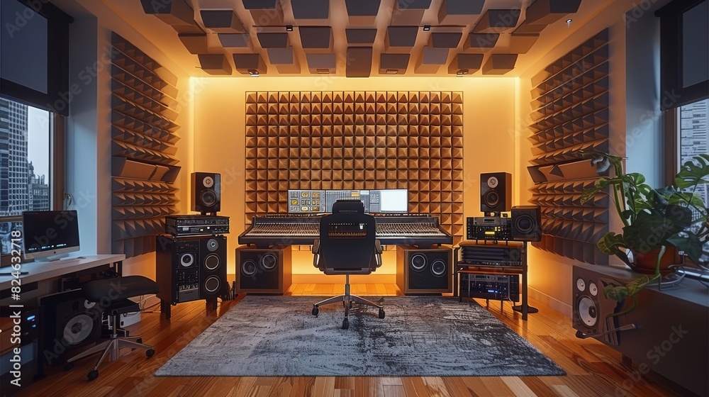 Aufkleber a home studio with sound absorbing panels on the wall. generative ai.
