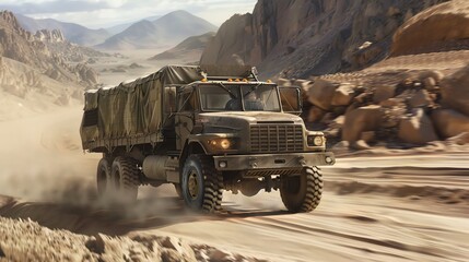 A military truck driving through a desert landscape