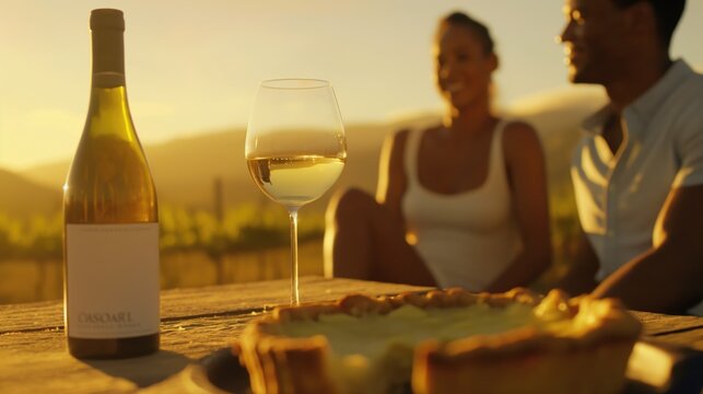 Romantic picnic of a diverse couple in love with wine bottle mockup and apple pie outdoors