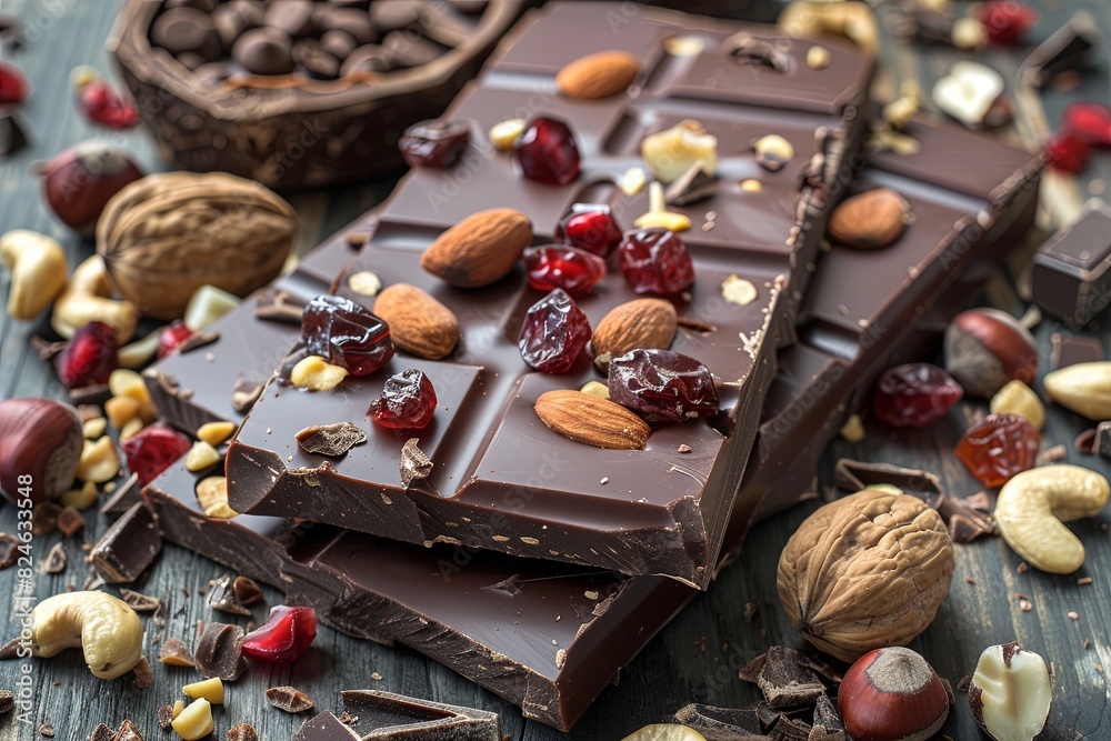 Poster Detailed close up of a chocolate bar featuring nuts and cranberries for a natural and appetizing look. Generative AI