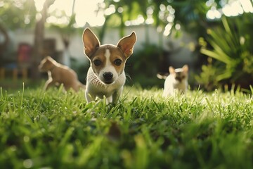 Fototapeta premium A dog and cat running on green grass, with summer sun shining. Cute and playful pets, highlighting their friendship and bonding. Horizontal. Space for copy.