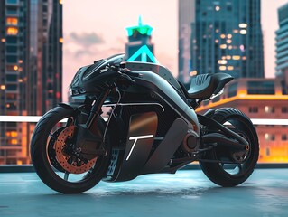 A sleek electric motorcycle parked in a modern cityscape