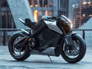 A sleek electric motorcycle parked in a modern cityscape