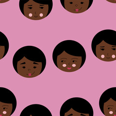 Seamless pattern, comely girlish faces. Repeatable background, female portrait. Funny girl visage.