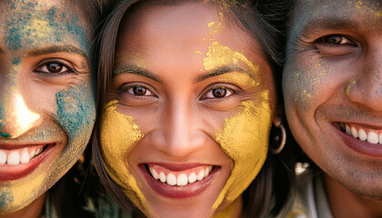 Close-up of a smiling face smeared in bright colors. It conveys the essence of unity, happiness and togetherness. As people gather to celebrat The Hindu festival Holi, india - Powered by Adobe